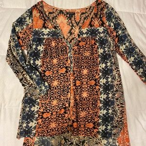 Lucky Brand orange & blue long-sleeved blouse.